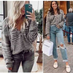 Free people mercury Henley Gray Striped Knit Sweater medium sweater knit